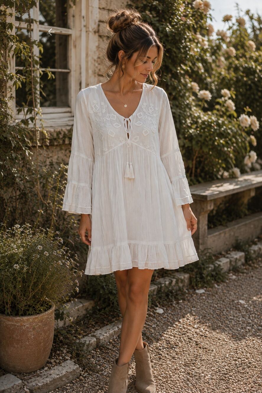 Talisman the Label 100% Cotten Aneesa Embroidered Boho Bell Sleeve Tunic Dress
